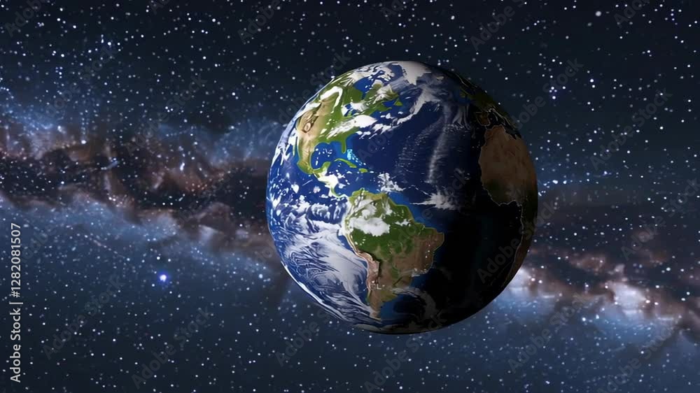Poster planet earth is slowly rotating in space against the backdrop of the milky way galaxy, showcasing it