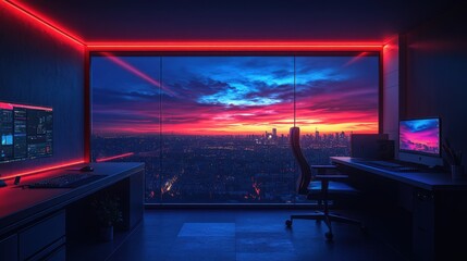 Obraz premium Modern Digital Workspace with Solitary Chair and Sunset View