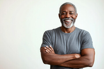 Smiling middle aged black man with beard and graying hair arms crossed in gray t shirt on white background