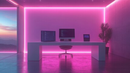 Modern Clean Solitary Digital Workspace with Neon Lighting Effects