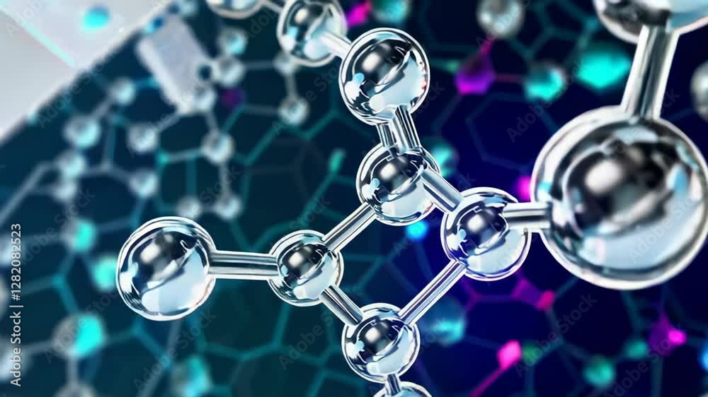 Poster metallic molecular structure rotating slowly on a white background, with close ups and different per