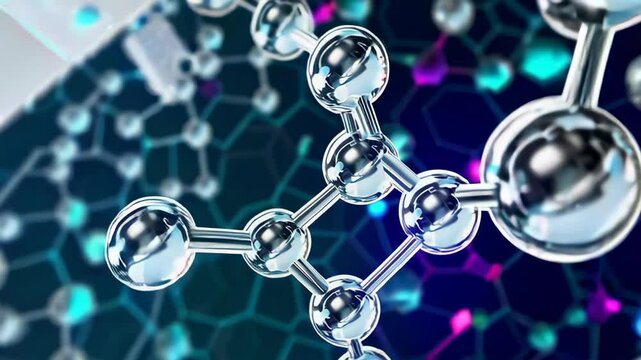 Metallic molecular structure rotating slowly on a white background, with close ups and different perspectives, suitable for scientific, medical, and educational projects