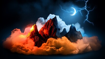 Dramatic volcanic mountains illuminated by fiery lava amidst dark stormy clouds and lightning