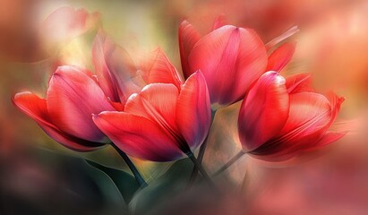 Fototapeta premium Vibrant Red Tulips Blooming in Soft Light