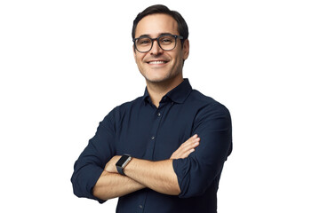 Young handsome man dressed in casual denim shirt with smartwatch on wrist 
