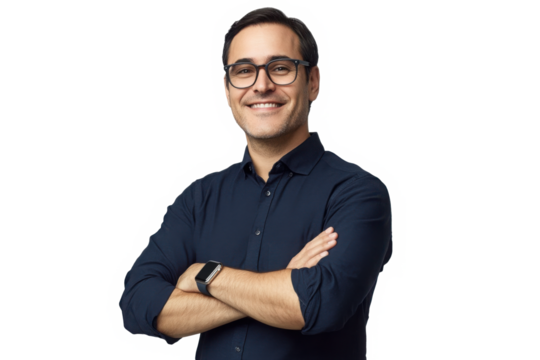 Young handsome man dressed in casual denim shirt with smartwatch on wrist 
