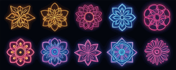 Neon mandala icons set: bright flat vector design with floral patterns.
