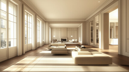 Vintage Modern Living Room with Hardwood Floors and Soft Beige Walls, Showcasing a Clean Minimalist Aesthetic with Neutral-Toned Furniture to Create a Spacious and Inviting Atmosphere