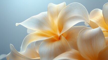 Close-up of delicate, pastel-colored plumeria flowers in soft light