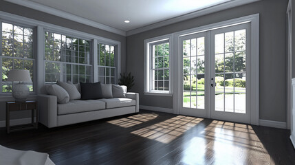 Fototapeta premium Vintage-Modern Living Room with Dark Wooden Floors and Cool Gray Walls, Featuring a Minimalist Layout with Open Space and Simple Decor for a Sophisticated and Contemporary Interior Design Inspiration