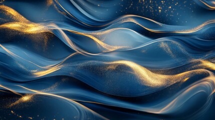 abstract flowing blue waves with gold highlights, luxurious and dynamic composition, radiant and textured design, bold and glowing atmosphere