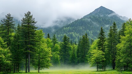 Mountain peaks emerging through swirling mist, with clouds drifting lazily overhead on a calm morning.