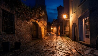 Obraz premium old street at night illuminated by the lantern darkness backgrounds