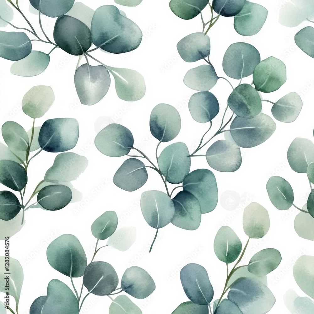Poster elegant watercolor pattern of lush green leaves on a white background creating a refreshing, botanic