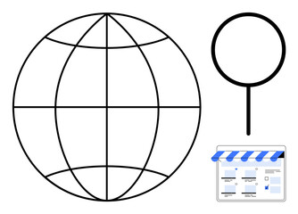 Globe with meridians, magnifying glass, and webpage storefront. Ideal for online business, global market, e-commerce, local search optimization, digital marketing, web presence connectivity
