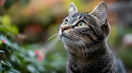 Tabby cat gazing into distance in lush outdoor setting. Raising awareness for World Spay Day, responsible pet care and neutering to prevent overpopulation and improve animal welfare