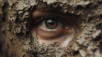 Close-up of a person's eye partially covered with mud in a natural setting