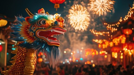 A close-up of a fierce Chinese dragon puppet head with detailed red and blue colors, surrounded by golden lights and fireworks.