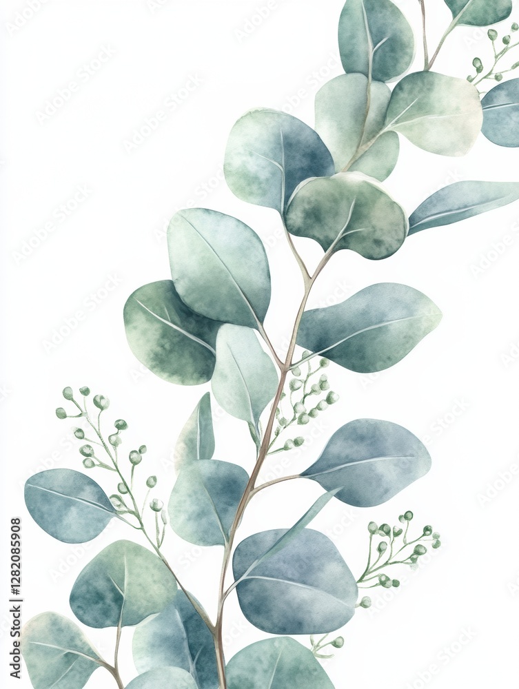 Poster watercolor depiction of eucalyptus leaves with soft green tones and delicate details capturing natur