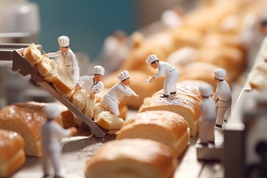 Creative depiction of tiny bakers preparing loaves of bread on a conveyor, emphasizing skill, teamwork, and bakery production in a whimsical miniature world