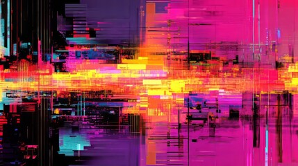 abstract glitch distortions with vibrant neon colors, dynamic and artistic composition, textured and futuristic design, bold and radiant tones
