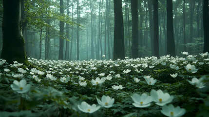 A peaceful woodland garden with clusters of anemone flowers blooming in shades of white and pink