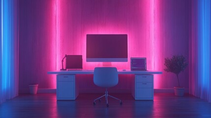 Modern Digital Workspace with Stylish Desk and Soft Lighting Effects