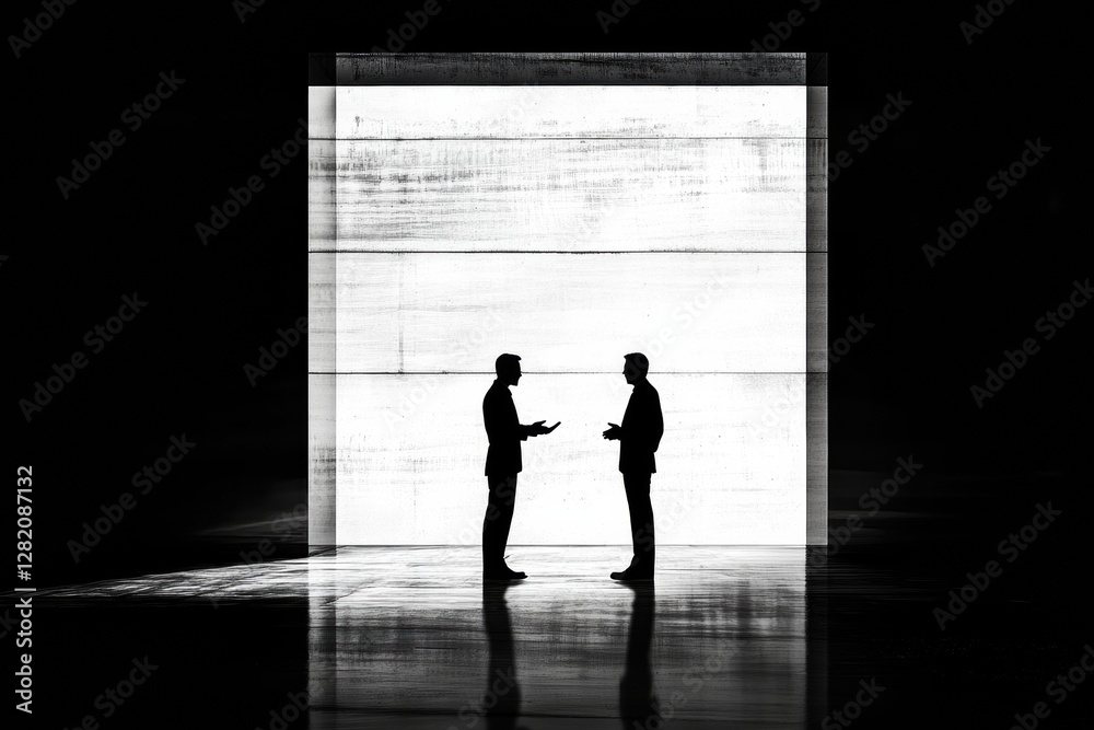 Poster two business professionals engaging in negotiation in a minimalist black and white setting. generati