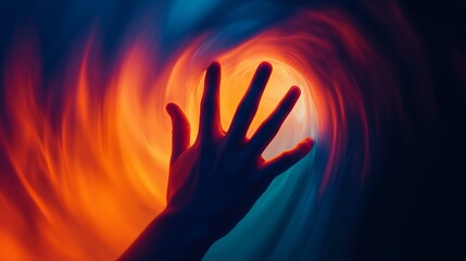 Abstract glowing hand reaching through gradient portal, fading from bright orange to deep navy, mysterious and surreal