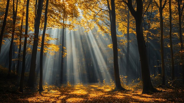A golden autumn forest with sunlight streaming through the trees and leaves carpeting the forest floor