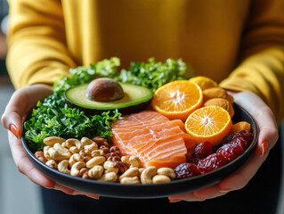 Woman holds plate with various healthy foods for elimination diet concept. Plate contains fish salmon, fruits, vegetables, seeds. Foods avoiding allergens like fish seafood dairy peanuts tree nuts