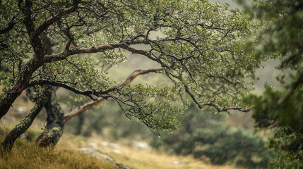 Rainfall gently drapes over lush trees in a misty forest landscape during early morning hours