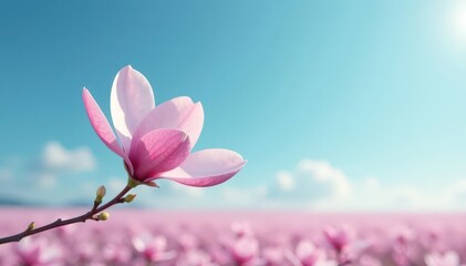 A single pink magnolia bloom floats on a vast expanse of blue sky, abstracted landscape, subtle colors, serene backdrop