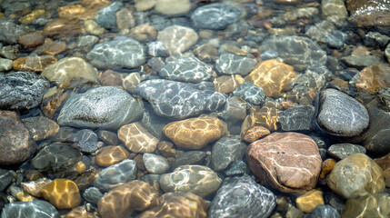 Obraz premium Clear water revealing colorful stones beneath surface in a tranquil stream