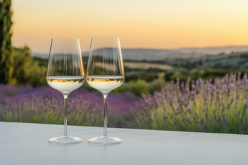 Obraz premium Glasses of white wine served with a view of the summer sunset rural landscape.