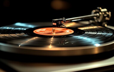 Close-up of vinyl record player needle playing a record in a dark room