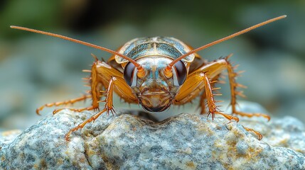 Fototapeta premium Close-up of a vibrant insect resting on a textured rock with blurred natural background