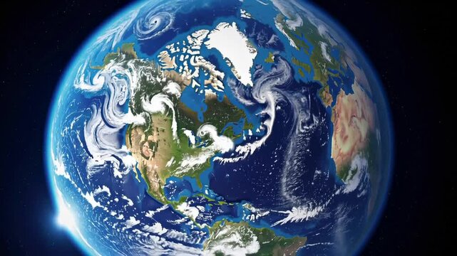 Rotating planet showing north and central america landscapes, revealing atmospheric layers, weather patterns, and celestial surroundings in dramatic slow motion scientific visualization