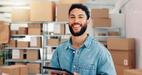 Portrait, distribution and man with tablet in small business for logistics, ecommerce or sales....