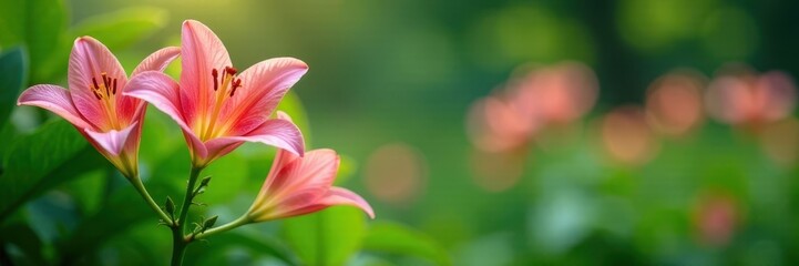 Fototapeta premium Delicate pink lily stems amidst lush greenery, stem, blooming