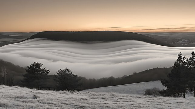 Mist rolling down a mountain slope, with wisps of clouds drifting above the peaks on a crisp morning.