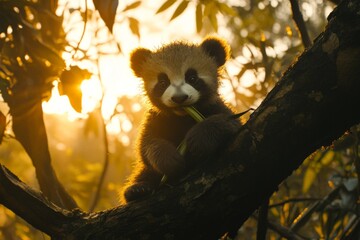 Fototapeta premium Adorable panda cub enjoys bamboo while perched on a tree branch during sunset in a lush forest setting