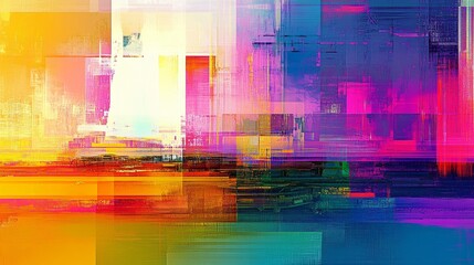 abstract vibrant glitches with neon hues, dynamic and artistic composition, textured and futuristic design, bold and radiant tones