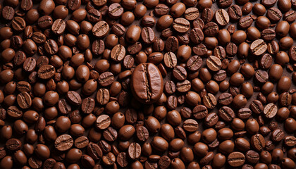 Obraz premium Close-up of roasted coffee beans with one larger bean in focus, highlighting richness and aroma, copy space 