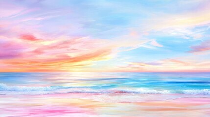 Obraz premium Pastel sunset over calm ocean beach; idyllic background