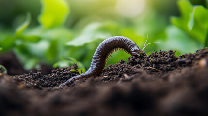Earthworm emerging from soil in a garden during daylight hours in springtime