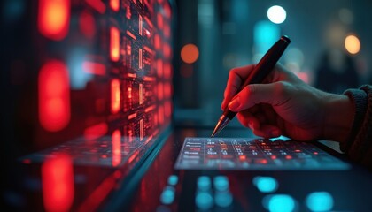 Person hand holds pen, checks items on digital interface. Tech background. Futuristic workspace with glowing details, display, seamless network, software solutions. Concept of planning, productivity,