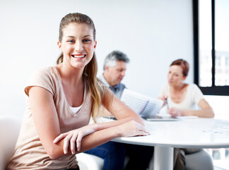 Portrait, business and woman for meeting in office of real estate, property development and about us. Female agent, people and ambition with realtor experience, interior design and internship program