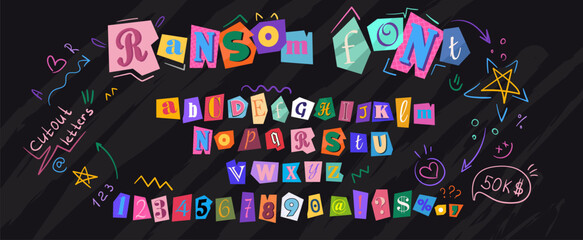 Ransom font with colorful cutout letters, numbers, punctuation marks from magazine pages. Collage vector alphabet in trendy style with cute doodle elements. Newspaper cut out paper torn alphabet © Foxelle