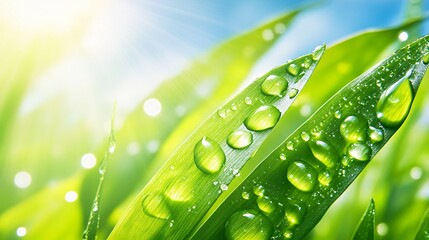 Close up view of green grass with water droplets on blades